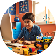 Boy with robot toys in classroom, smiling and looking at camera